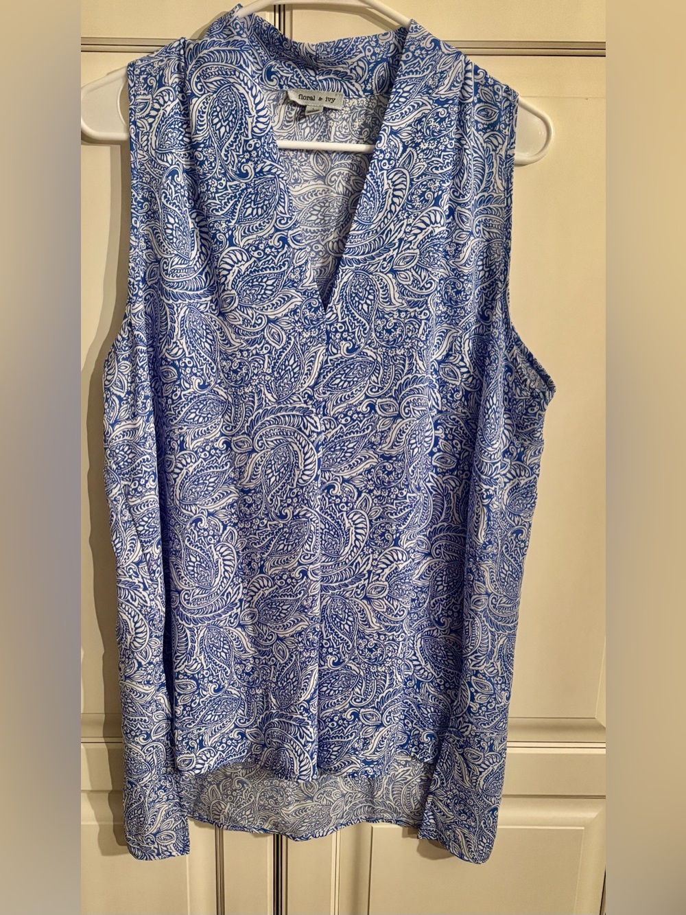 Floral & Ivy blue, and white paisley sleeveless top.